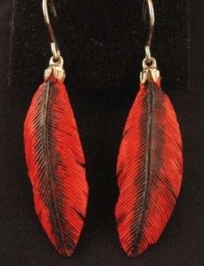 Cardinal hand carved original Tupelo Feather Earrings. Each earring is a one-of-a-kind hand carved original hand 