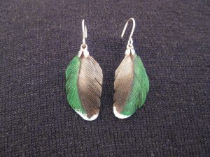Shoveler Duck hand carved original Tupelo Feather Earrings. Each earring is a one-of-a-kind hand carved original hand painted in acrylics with Sterling Silver Wires