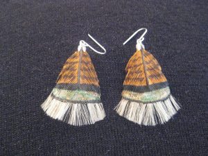 Rio Grande Wild Turkey hand carved original Tupelo Feather Earrings. Each earring is a one-of-a-kind hand carved original hand painted in acrylics. All the metal you see is Sterling Silver. 