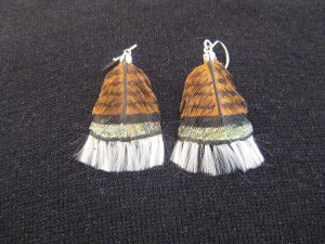 Merriams Wild Turkey hand carved original Tupelo Feather Earrings. Each earring is a one-of-a-kind hand carved original hand painted in acrylics with Sterling Silver Wires